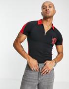 Asos Design Skinny Polo T-shirt In Slinky Fabric With Chest Print-black
