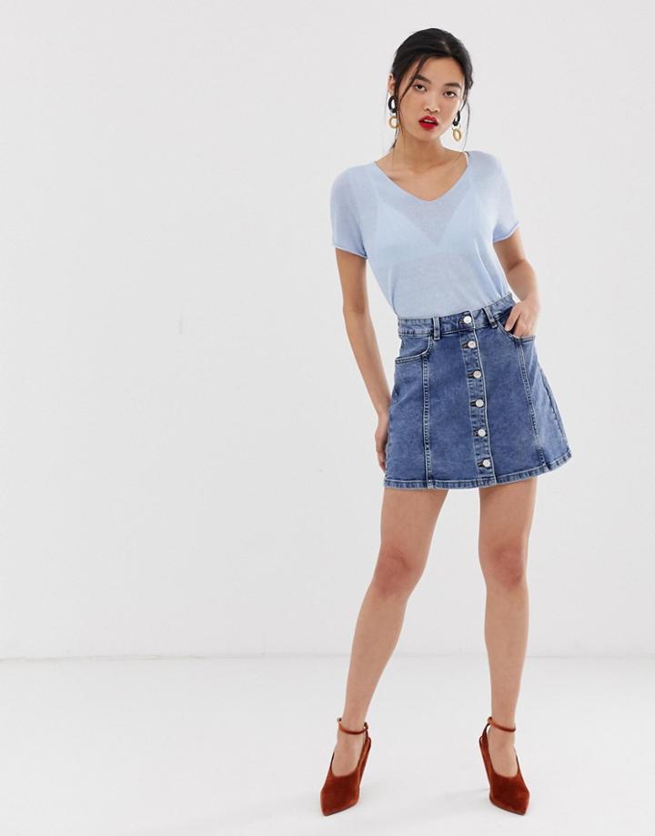 Mango Button Front Denim Mini Skirt In Blue - Blue