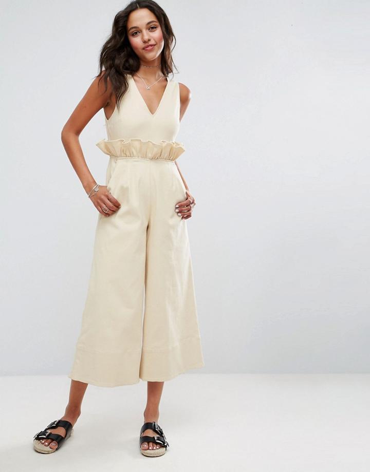 Asos Twill Jumpsuit With Ruffle Waist - Beige