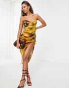 Asos Design Stretched Satin Cami Midi Body-conscious Dress With Ruched Side Detail In Mustard Smudge Tie Dye Print-multi