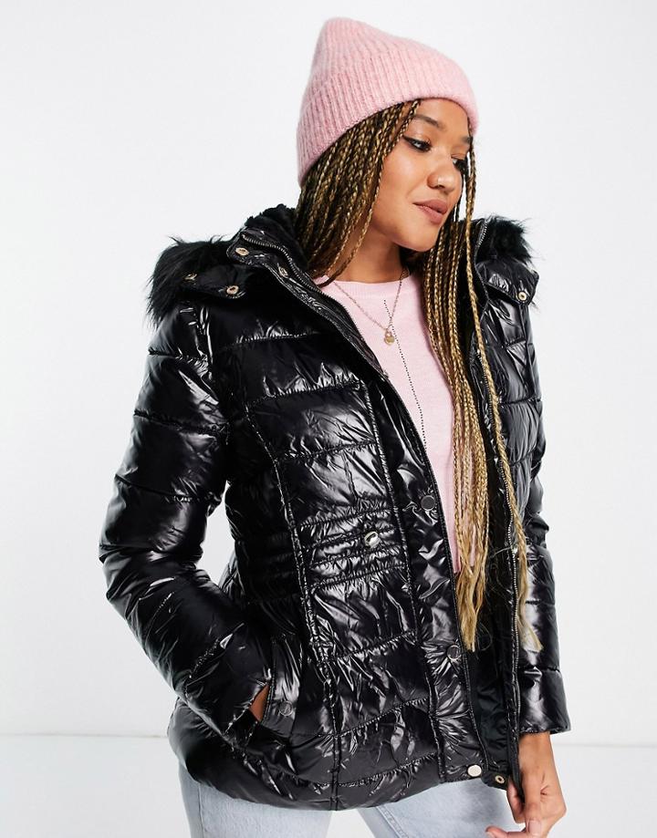 New Look Leather Look Puffer In Black