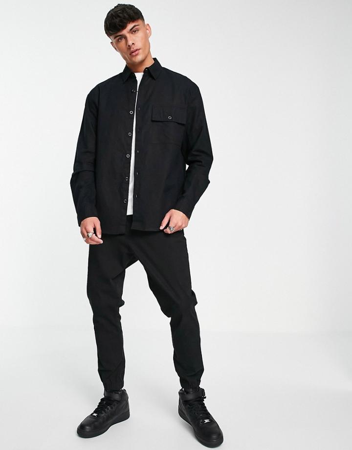 Topman Long Sleeve Linen Shirt In Black