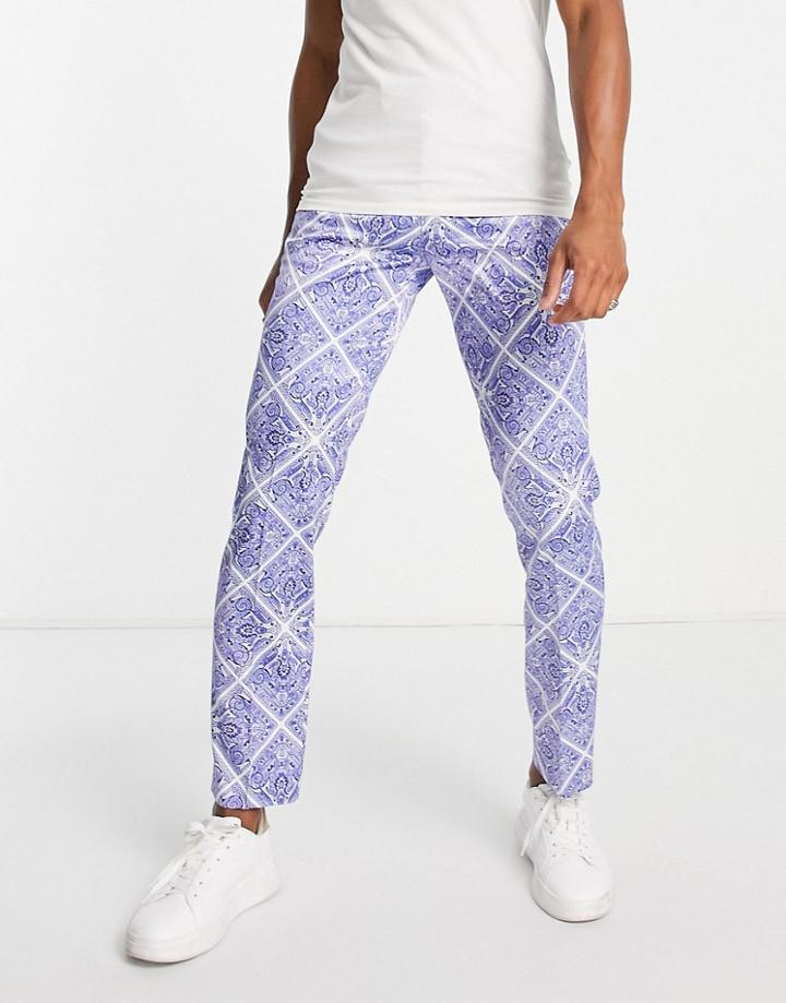 Asos Design Smart Slim Satin Pants In Ornate Print-white