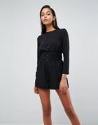 Asos Romper With Sheering And Belt Detail - Black