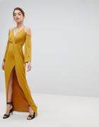 Asos Slinky Deep Plunge Cold Shoulder Kimono Maxi Dress - Yellow