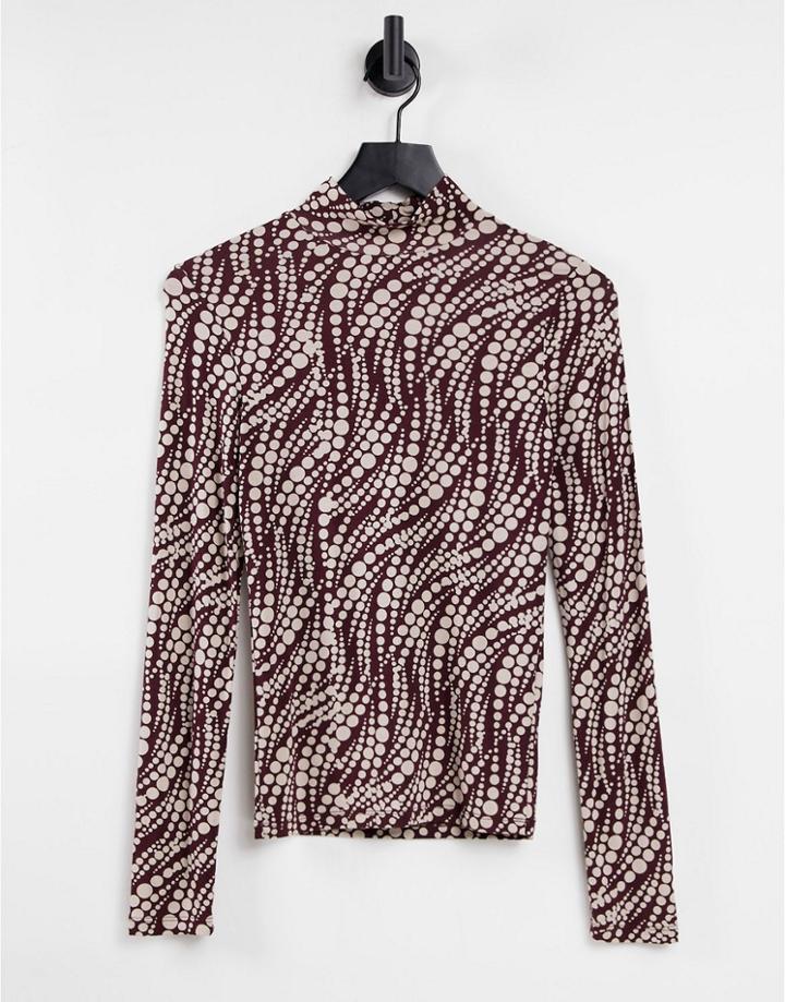 Stradivarius Long Sleeve High Neck Top In Abstract Spot Print-multi