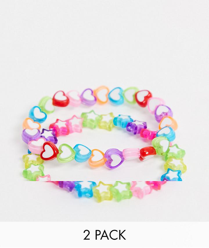 Asos Design Pack Of 2 Bracelets In Rainbow Heart And Star Beads-multi