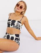 Monki Nilla Recycled Polyester Graphic Print High Waist Bikini Bottoms In Black And White-multi