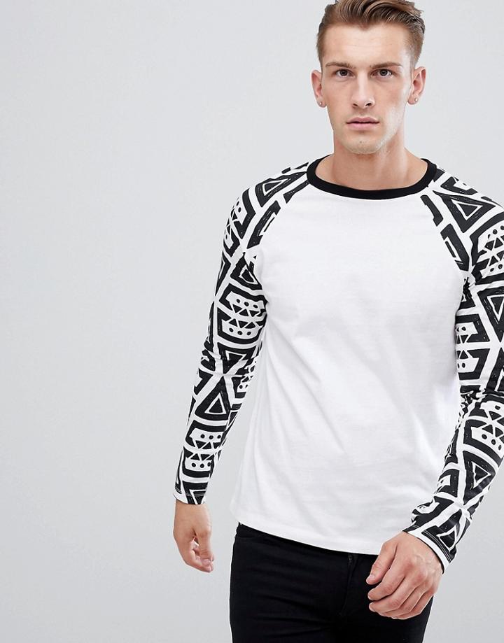 Asos Design Long Sleeve Raglan With Geo-tribal Raglan - White