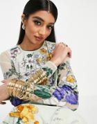 Asos Design Lehenga Long Sleeve Crop Top In Wisteria Embroidery-green