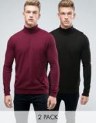 Asos 2 Pack Cotton Roll Neck Sweater In Burgundy/black Save - Multi