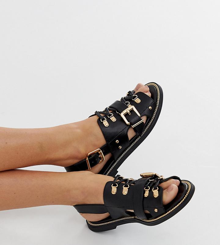 River Island Flat Sandals With Buckle Detail In Black - Black