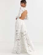 Asos Edition Wedding Dress With Open Back And Floral Embroidery-white