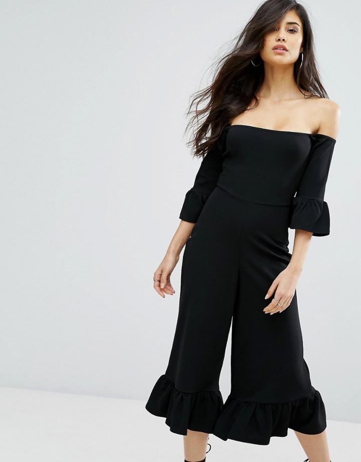 Missguided Frill Cuff Bardot Culotte Jumpsuit - Black