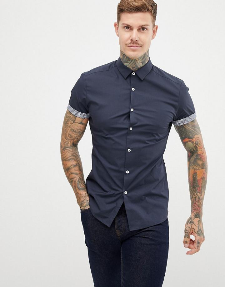 Asos Design Skinny Shirt With Printed Turn Up - Navy