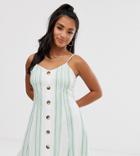 Asos Design Petite Exclusive Mini Cami Swing Dress With Faux Wood Buttons In Green Stripe - Red