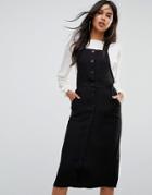 Goldie Plateau Over The Knee Pinafore Dress With Button Up Front - Black