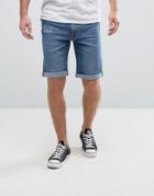 Hoxton Denim Vintage Mid Wash Shorts In Slim Fit With Rolled Hem - Blue