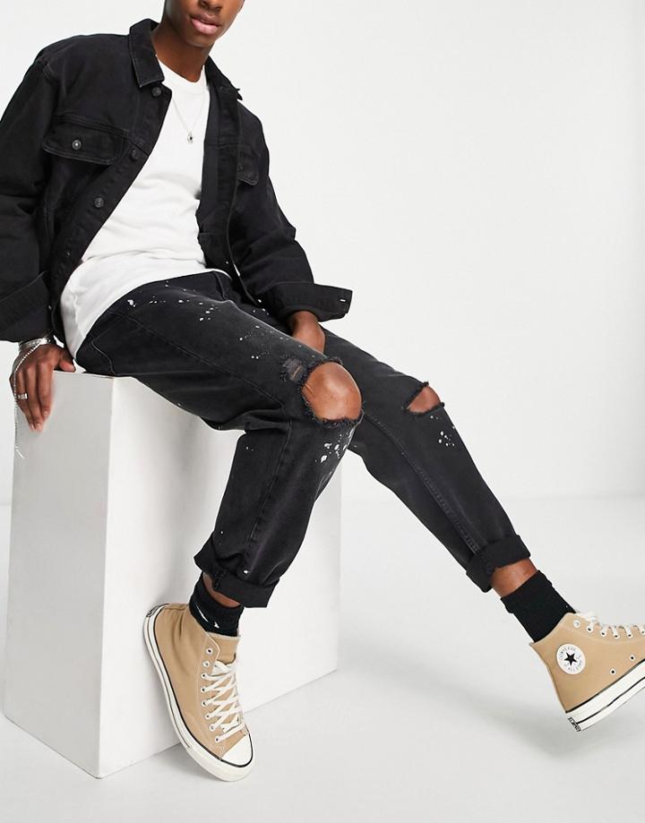 Topman Relaxed Rip And Paint Splat Jeans In Washed Black