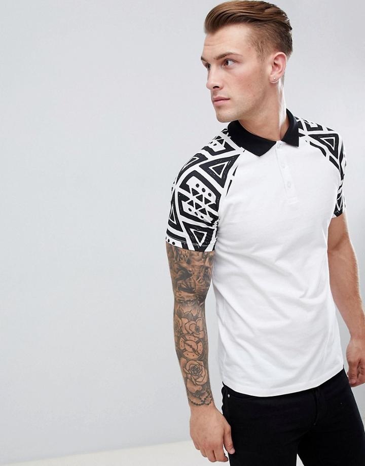 Asos Design Polo Shirt With Aztec Sleeve Print - White