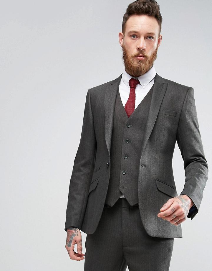 Asos Skinny Suit Jacket In Herringbone Green Wool Blend - Green
