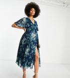 Asos Design Maternity Exclusive Pleated Midi Dress With Kimono Sleeve And Tie Waist In Floral Print-multi