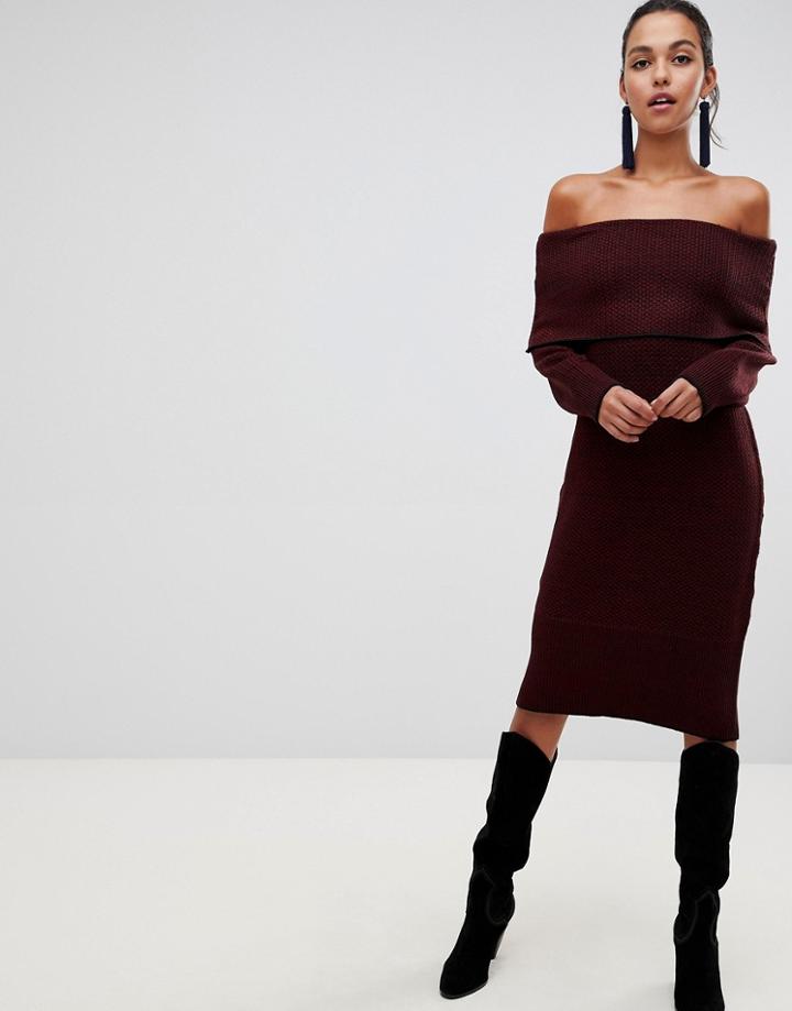 Liquorish Off Shoulder Midi Sweater Dress-red