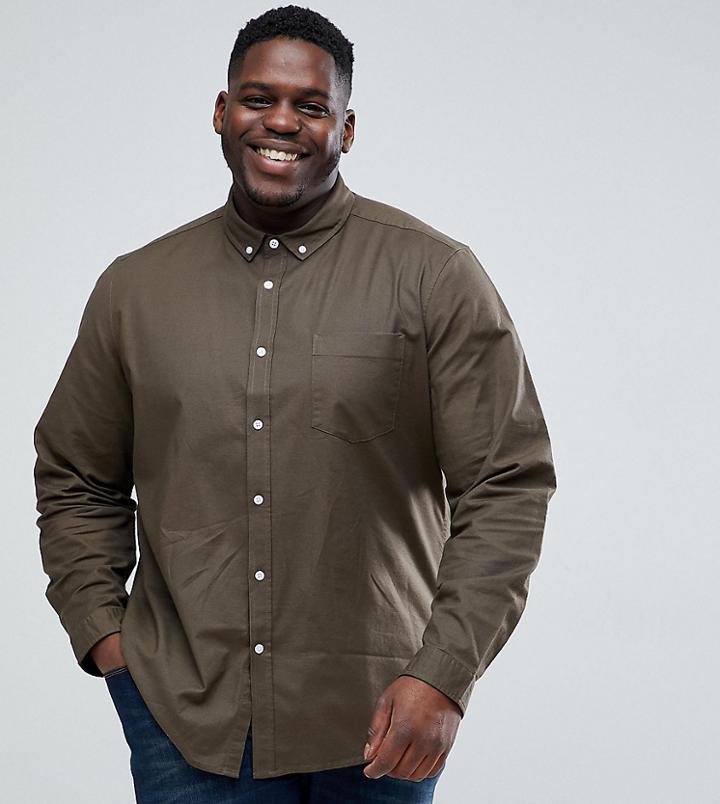 Asos Plus Casual Stretch Regular Oxford In Khaki - Green