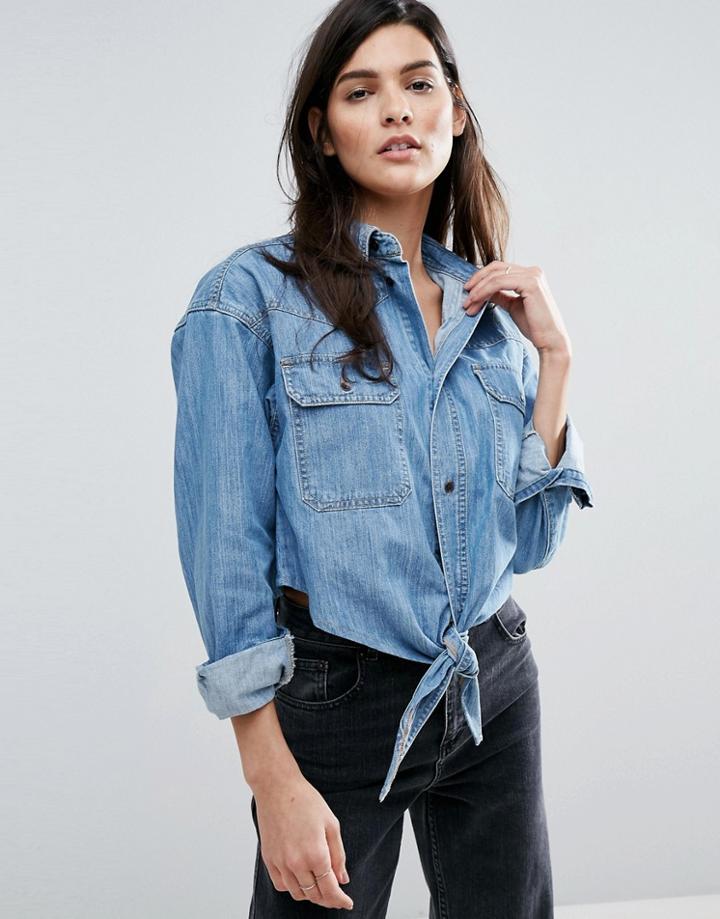 Asos Denim Boyfriend Shirt With Tie Front In Midwash Blue - Blue
