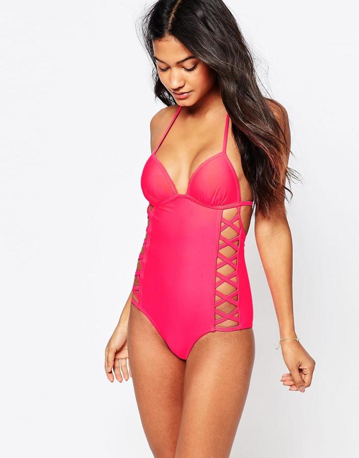 New Look Lattice Side Swimsuit - Red