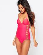 New Look Lattice Side Swimsuit - Red