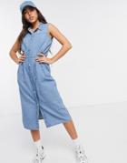 Monki Sleeveless Shirt Dress In Denim-blues