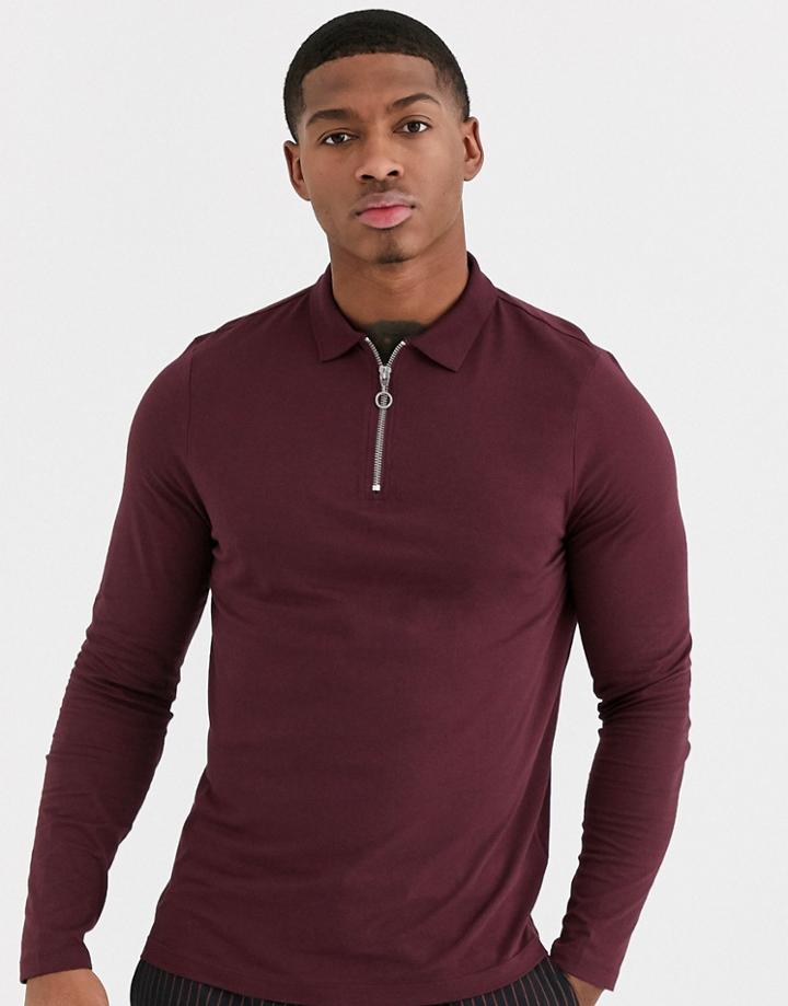 Asos Design Organic Long Sleeve Polo With Zip Neck In Burgundy-red