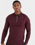 Asos Design Organic Long Sleeve Polo With Zip Neck In Burgundy-red