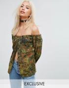 Milk It Vintage Off Shoulder Camo Festival Shirt - Green