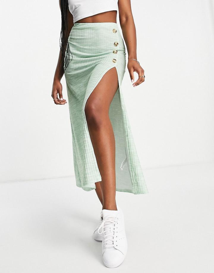 Asos Design Jersey Midi Skirt With Button Detail In Green Space Dye