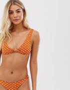 Pull & Bear Pacific Polka Dot Knot Front Bikini Top In Brown - Brown
