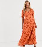 Asos Design Maternity Button Through Maxi Tea Dress With Ruched Sleeves In Floral Print