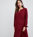 Asos Design Maternity Exclusive Trapeze Midi Dress With Tie Cuff Detail - Red