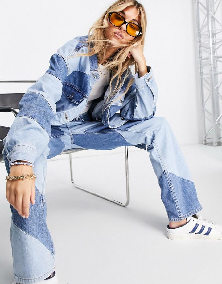 Topshop Spiral Paneled Denim Jacket In Mid Blue - Part Of A Set-blues