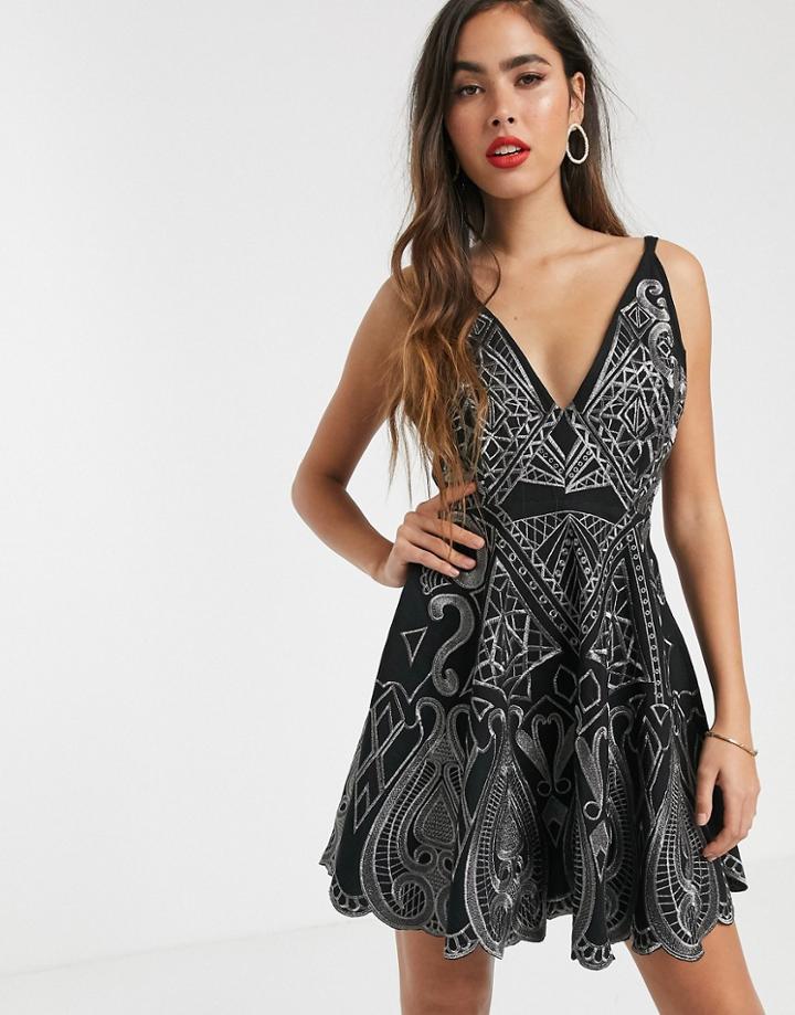 Asos Design Mini Skater Dress In Cutwork Embroidery And Metallic Thread-blue