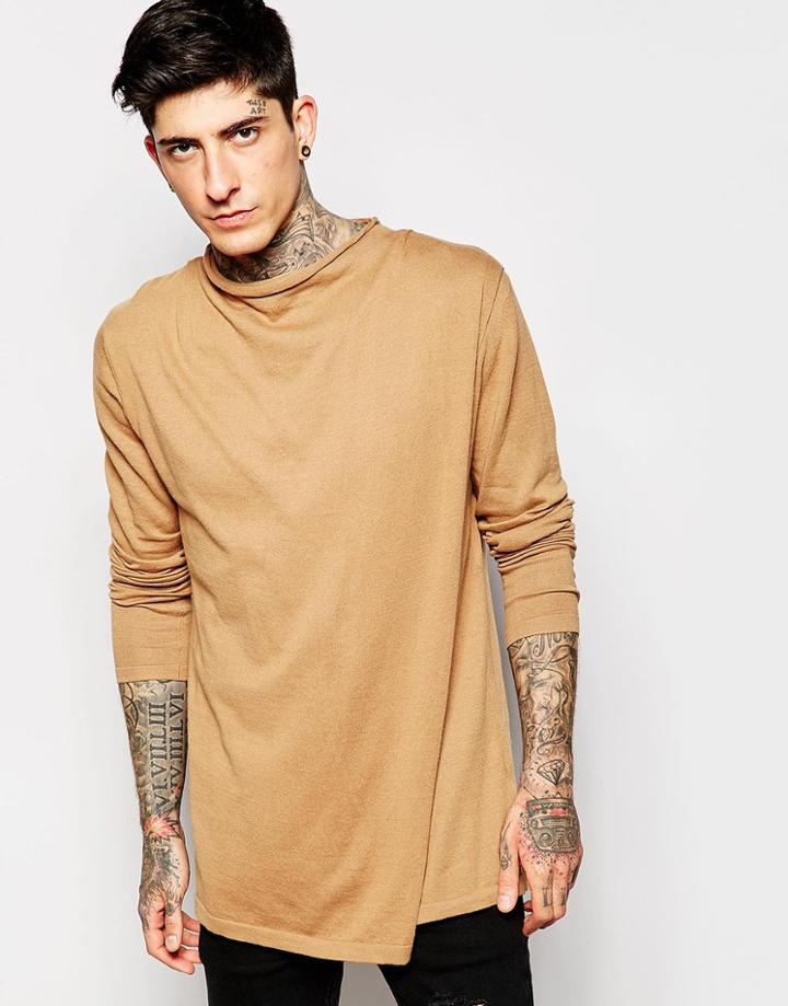 Asos Sweater With Zip Back And Funnel Neck - Camel