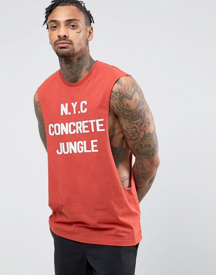 Asos Sleeveless T-shirt With Extreme Dropped Armhole And New York Print - Red