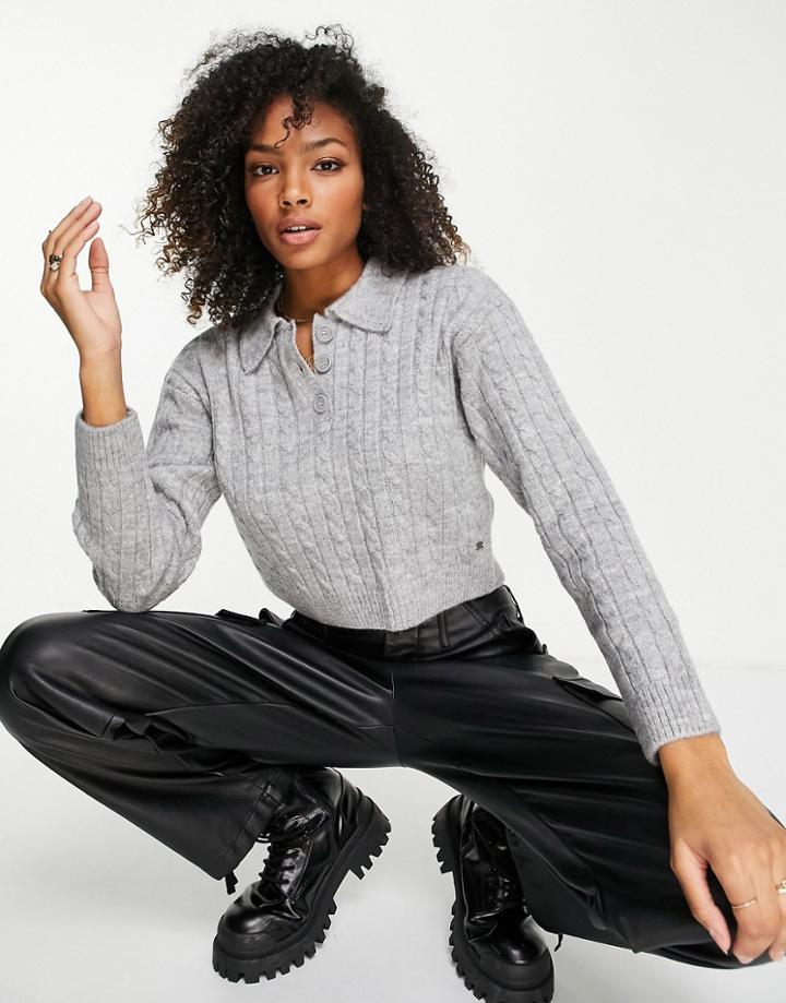 Pull & Bear Collar Sweater With Half Button Detail In Gray