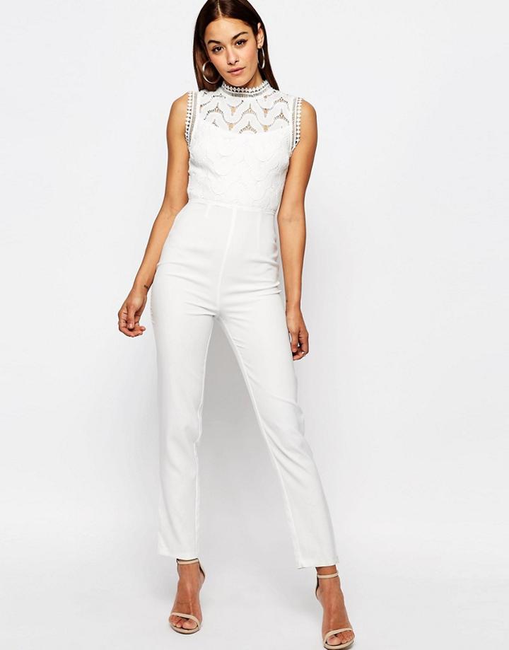 Missguided Premium Lace Yoke Jumpsuit With Embellished Detail - Cream