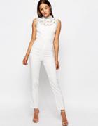 Missguided Premium Lace Yoke Jumpsuit With Embellished Detail - Cream