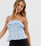 New Look Tie Strap Shirred Cami In Light Blue - Blue