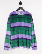Asos Design Oversized Long-sleeve Velour Striped T-shirt In Green & Blue-blues