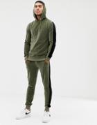Asos Design Tracksuit Muscle Hoodie/ Super Skinny Joggers In Velour With Side Stripes In Khaki - White