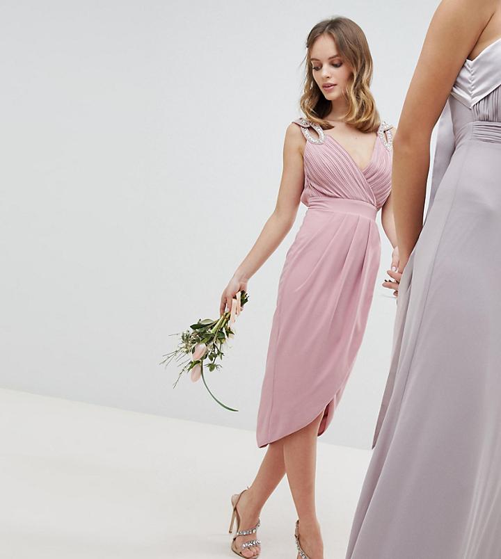 Tfnc Petite Wrap Embellished Midi Bridesmaid Dress-pink